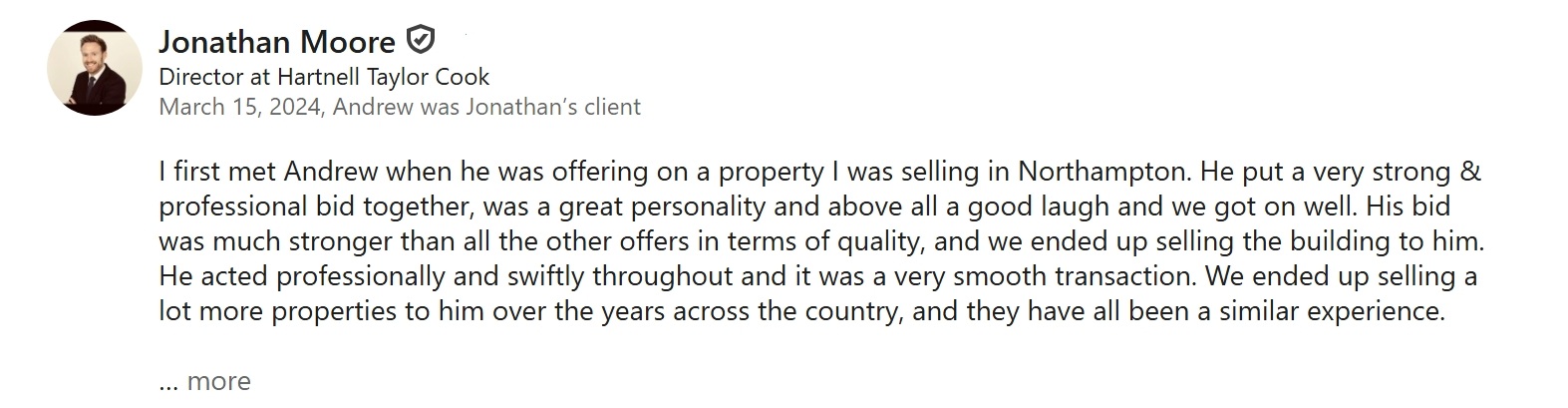 Jonathan Moore, Director at Harnell Taylor Cook — LinkedIn recommendation for Andrew Roberts, Property With Andrew